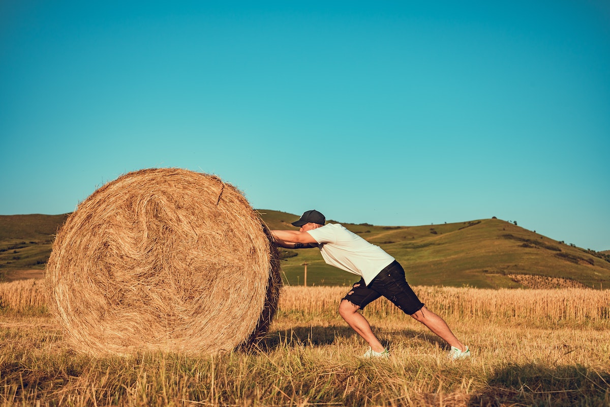 Man pushing hay bale on a farm