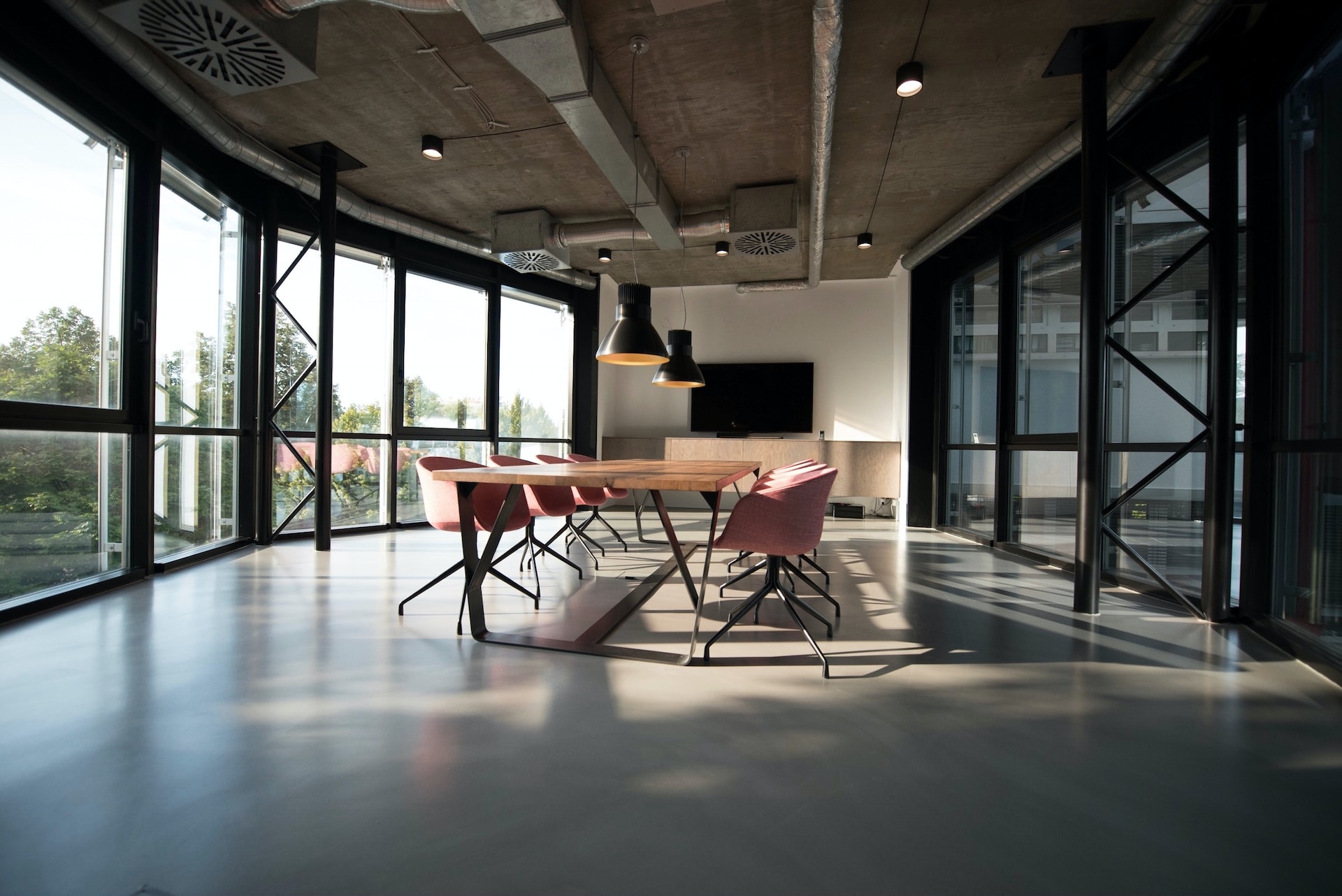 Empty meeting table at independent brokerage.