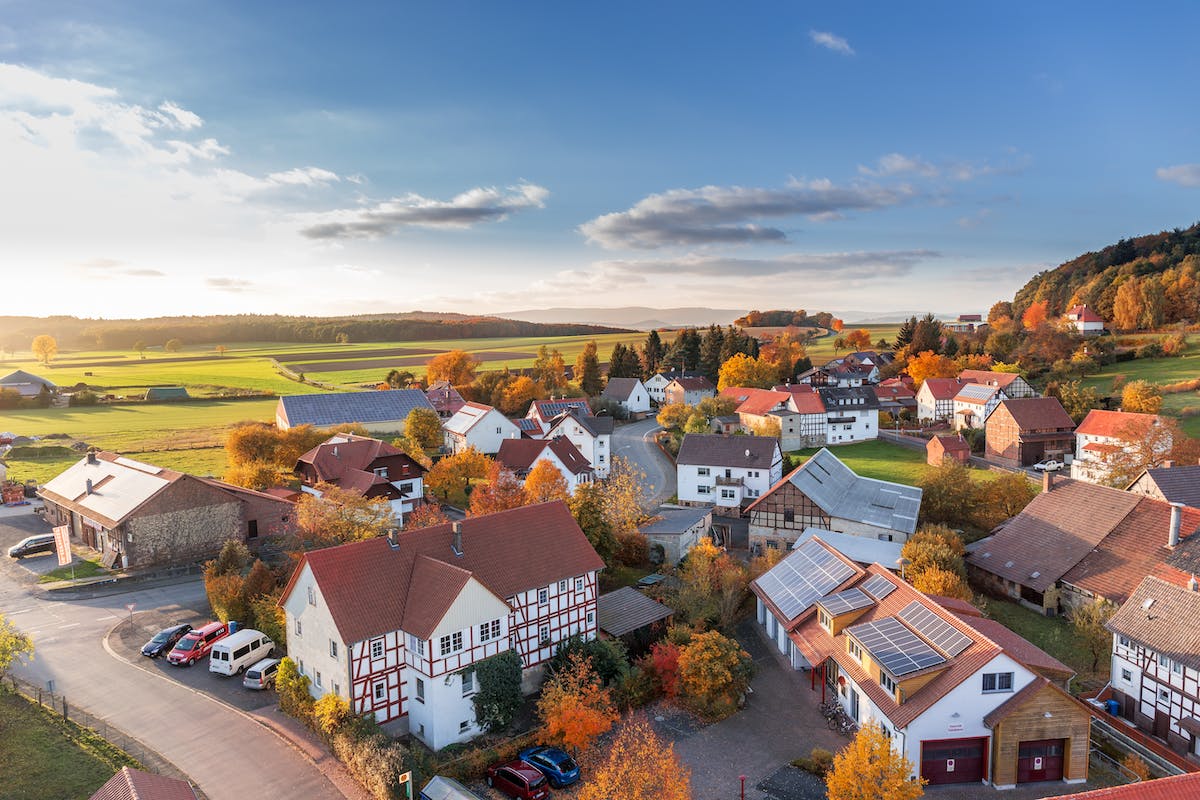 High-angle view of a village in the fall.